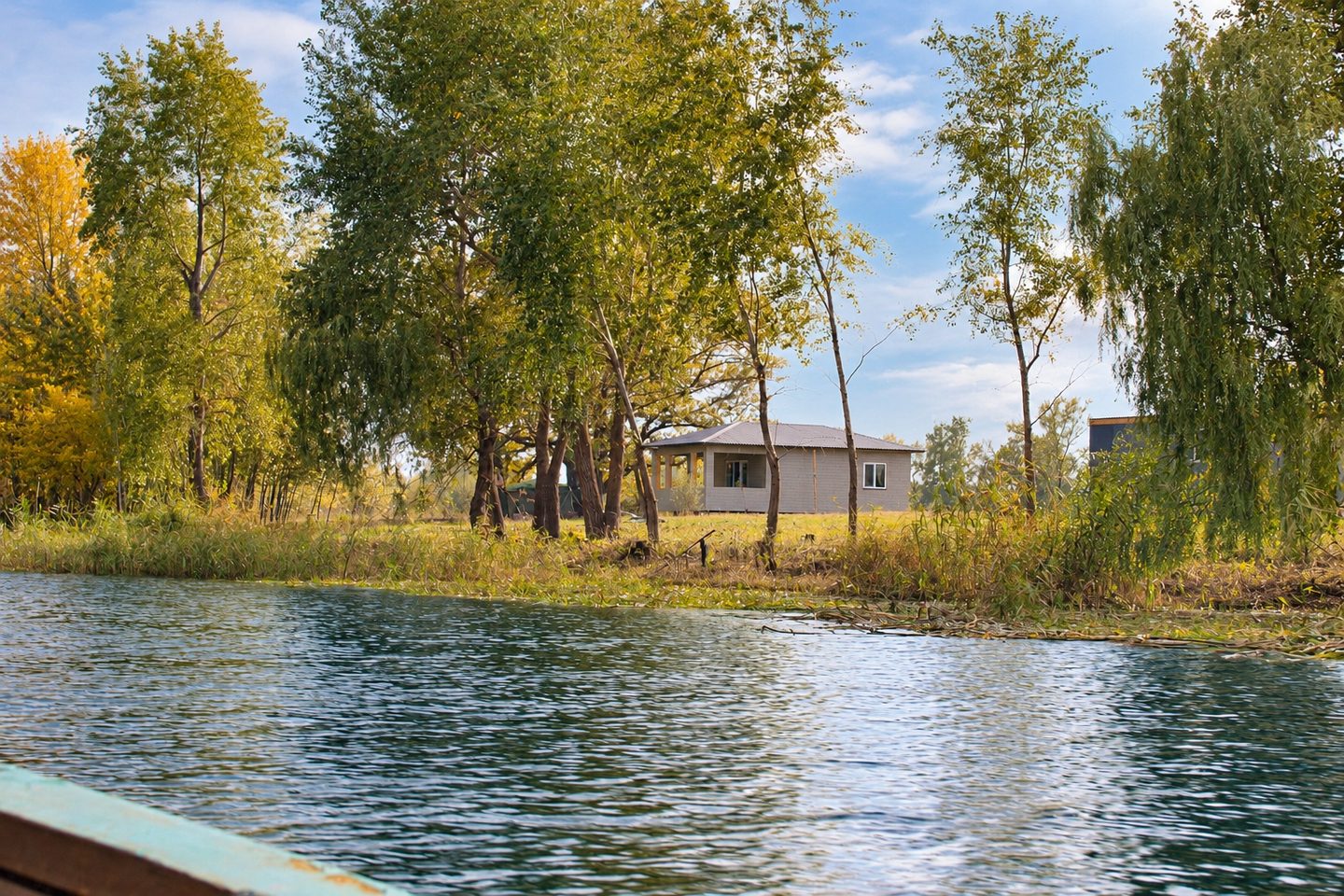 Вид на дом среди деревьев с воды